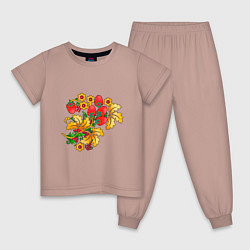 Пижама хлопковая детская Хохлома традиционный русский узор, цвет: пыльно-розовый