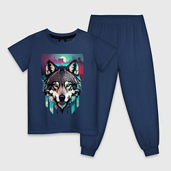 Пижама хлопковая детская Морда волка - акварель, цвет: тёмно-синий