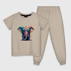 Пижама хлопковая детская Красочный слон в очках, цвет: миндальный