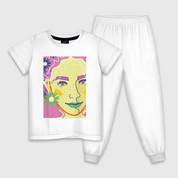 Пижама хлопковая детская Женский портрет с полевыми цветами, цвет: белый
