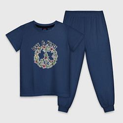 Пижама хлопковая детская Хиппи знак мира цветочный пастельный peace and lov, цвет: тёмно-синий