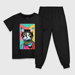Пижама хлопковая детская Pop art cat - neural network, цвет: черный