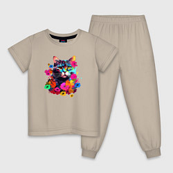 Пижама хлопковая детская Котик в цветах - нейросеть, цвет: миндальный