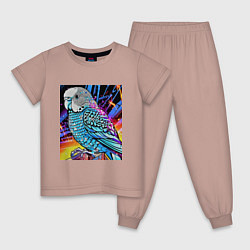 Пижама хлопковая детская Волнистый синий попугай, цвет: пыльно-розовый