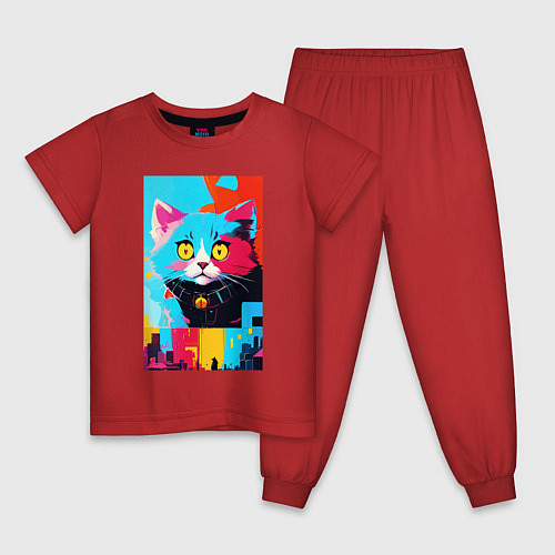 Детская пижама Изумлённый котёнок - поп-арт - нейросеть / Красный – фото 1
