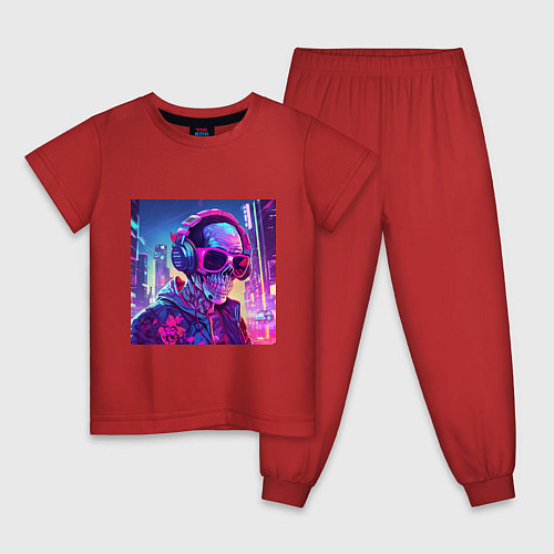 Детская пижама Скелет в больших неоновых очках и наушниках / Красный – фото 1