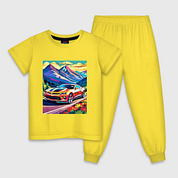 Пижама хлопковая детская Авто на фоне гор, цвет: желтый