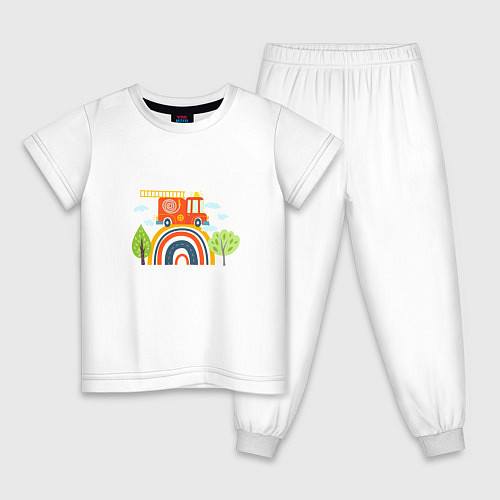 Детская пижама Пожарная машина едет по радуге / Белый – фото 1