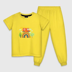 Пижама хлопковая детская Пожарная машина едет по радуге, цвет: желтый