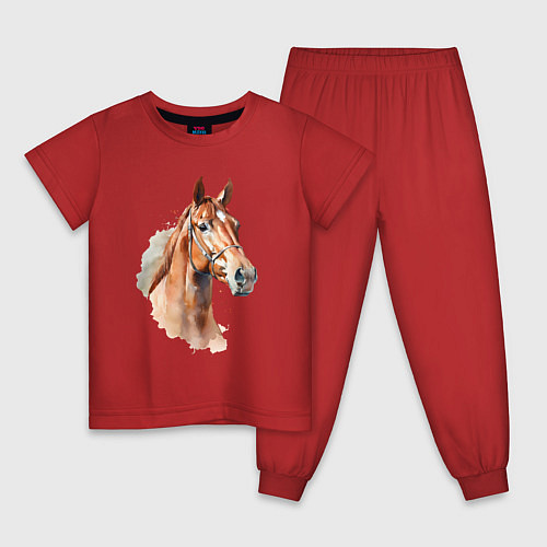 Детская пижама Акварельная коричневая лошадь / Красный – фото 1