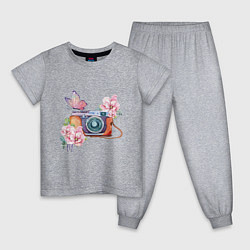 Пижама хлопковая детская Фотоаппарат в цветах и бабочки, цвет: меланж