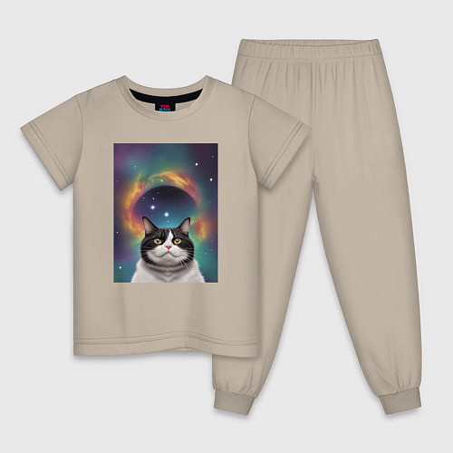 Детская пижама Мечтательный космический котик / Миндальный – фото 1