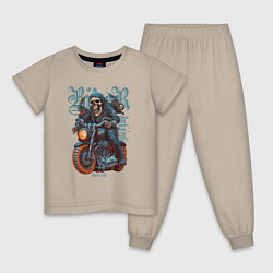 Пижама хлопковая детская Скелет байкера на мотоцикле под rocknroll, цвет: миндальный
