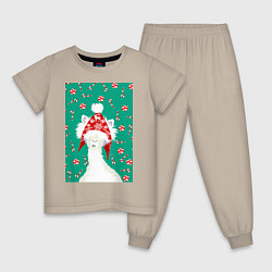 Пижама хлопковая детская Лама - альпака в ушанке, цвет: миндальный