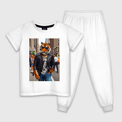 Пижама хлопковая детская Cool tiger on the streets of New York - ai art, цвет: белый
