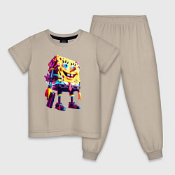 Пижама хлопковая детская Губка Боб с пистолетом - киберпанк - нейросеть, цвет: миндальный
