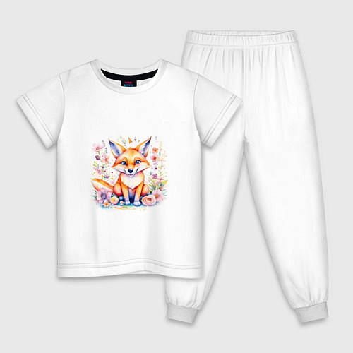 Детская пижама Милый большеухий лисенок сидит в цветах / Белый – фото 1