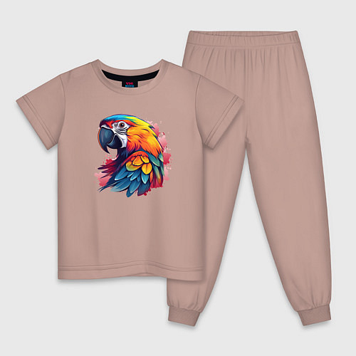 Детская пижама Яркий попугай на красных брызгах / Пыльно-розовый – фото 1
