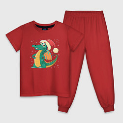 Пижама хлопковая детская Милый дракончик в новогодней шапке, цвет: красный