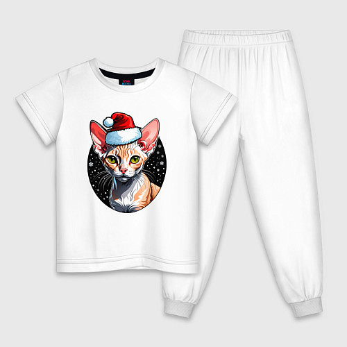 Детская пижама Кот породы Девон-рекс в новогодней шапке / Белый – фото 1