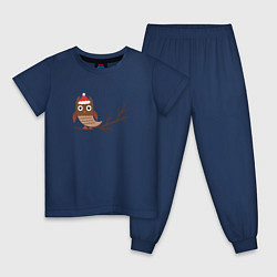 Пижама хлопковая детская Новогодняя сова на ветке, цвет: тёмно-синий
