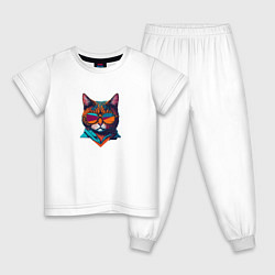 Пижама хлопковая детская Модный кот в очках, цвет: белый