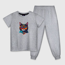 Пижама хлопковая детская Модный кот в очках, цвет: меланж
