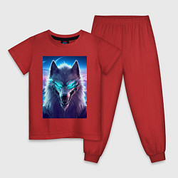 Пижама хлопковая детская Неоновый кибер волчара - нейросеть, цвет: красный