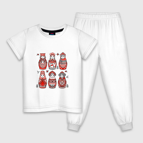 Детская пижама Шесть матрешек в стиле мезенской росписи / Белый – фото 1