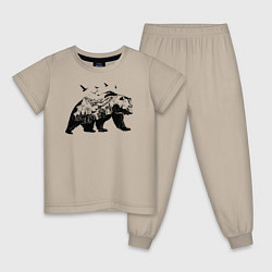 Пижама хлопковая детская Силуэт тайги в медведе, цвет: миндальный