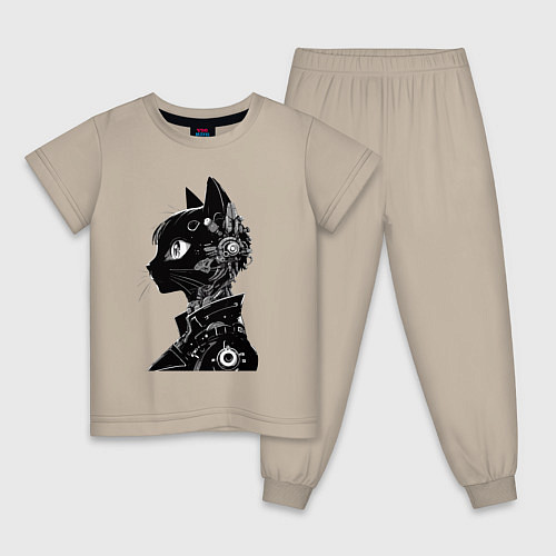 Детская пижама Кибер кошечка - аниме / Миндальный – фото 1