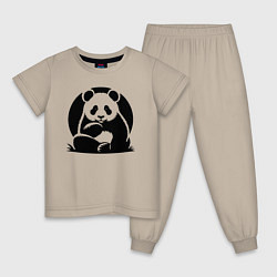 Пижама хлопковая детская Сидящая чёрная панда, цвет: миндальный