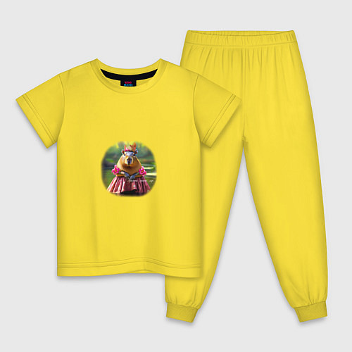 Детская пижама Капибара в платье и надпись: красота спасет мир / Желтый – фото 1