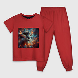 Пижама хлопковая детская Портрет кота в космической туманности, цвет: красный