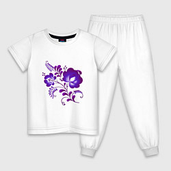 Пижама хлопковая детская Веточка с цветами - фиолетовая гжель, цвет: белый