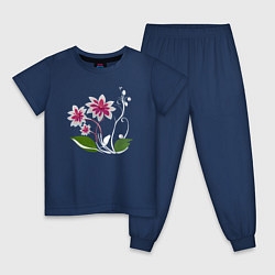 Пижама хлопковая детская Яркий цветок с жемчугом, цвет: тёмно-синий