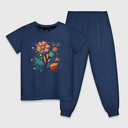 Пижама хлопковая детская Яркий цветок, веточки и листья, цвет: тёмно-синий