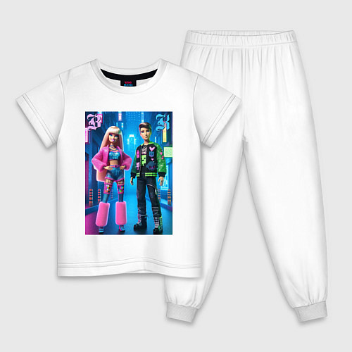 Детская пижама Барби и Кен в ночном городе - нейросеть / Белый – фото 1