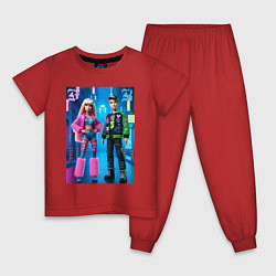 Пижама хлопковая детская Барби и Кен в ночном городе - нейросеть, цвет: красный