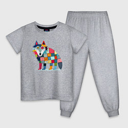 Пижама хлопковая детская Funny wolf - patchwork ai art, цвет: меланж