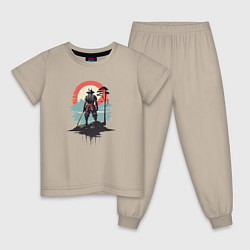 Пижама хлопковая детская Силуэт самурая на закате, цвет: миндальный