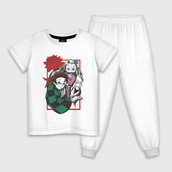 Пижама хлопковая детская Клинок рассекающий демонов Незуко и Тандзиро цвето, цвет: белый