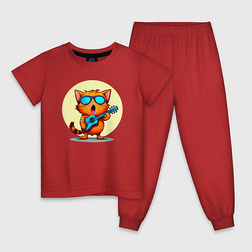 Детская пижама Рыжий кот с гитарой поет песню / Красный – фото 1