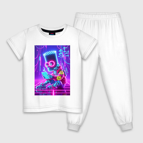 Детская пижама Кибер Барт Симпсон сидит в айпаде - неоновое свече / Белый – фото 1