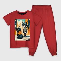 Детская пижама Кот и девочка гуляют на своём районе - нейросеть