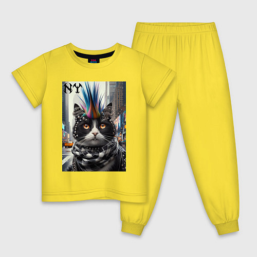 Детская пижама Кот панк с разноцветным хаером - Нью-Йорк / Желтый – фото 1