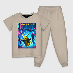 Пижама хлопковая детская Cyberpunk 3088 - Pikachu pursuit - neon glow, цвет: миндальный