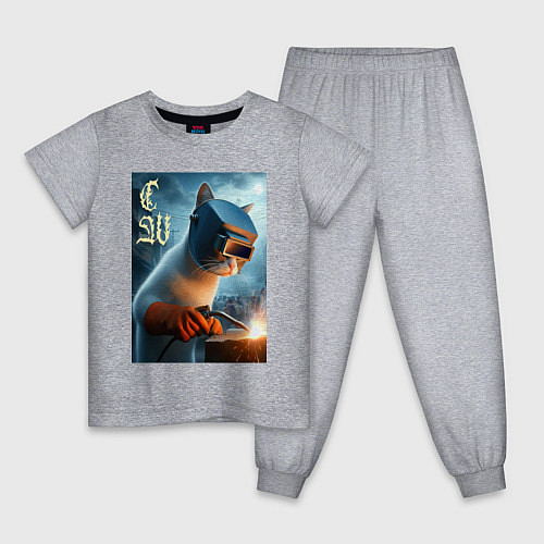 Детская пижама Кот сварщик - нейроарт / Меланж – фото 1