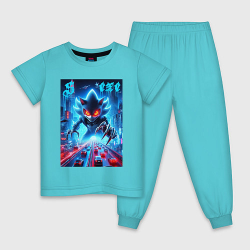 Детская пижама Hedgehog in neon metropolis - ai art / Бирюзовый – фото 1