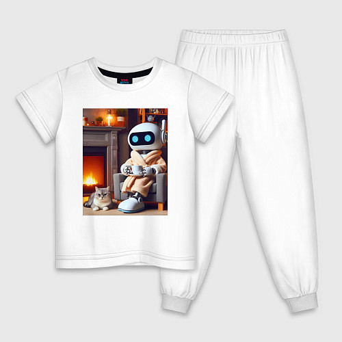 Детская пижама Робот у камина с котом и чашкой кофе - нейроарт / Белый – фото 1